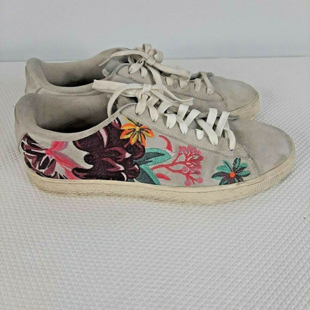 Puma Suede Velvet Hyper EMB Floral Embroidered Sneakers Womens 9.5 Lt Gray